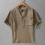 Buddha Stones Summer Tang Style Casual Mandarin Collar Half Button Solid Men's Short Sleeve Shirts With Patch Pocket