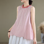 Buddha Stones Summer Casual Elegant Side Slit Striped Crew Neck Tank Top Women's Sleeveless Shirts