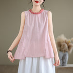 Buddha Stones Summer Casual Elegant Side Slit Striped Crew Neck Tank Top Women's Sleeveless Shirts