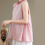 Buddha Stones Summer Casual Elegant Side Slit Striped Crew Neck Tank Top Women's Sleeveless Shirts