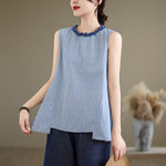 Buddha Stones Summer Casual Elegant Side Slit Striped Crew Neck Tank Top Women's Sleeveless Shirts