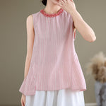 Buddha Stones Summer Casual Elegant Side Slit Striped Crew Neck Tank Top Women's Sleeveless Shirts