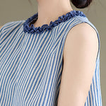 Buddha Stones Summer Casual Elegant Side Slit Striped Crew Neck Tank Top Women's Sleeveless Shirts