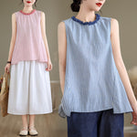 Buddha Stones Summer Casual Elegant Side Slit Striped Crew Neck Tank Top Women's Sleeveless Shirts