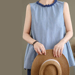 Buddha Stones Summer Casual Elegant Side Slit Striped Crew Neck Tank Top Women's Sleeveless Shirts