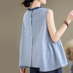 Buddha Stones Summer Casual Elegant Side Slit Striped Crew Neck Tank Top Women's Sleeveless Shirts