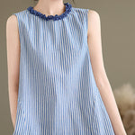 Buddha Stones Summer Casual Elegant Side Slit Striped Crew Neck Tank Top Women's Sleeveless Shirts