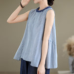 Buddha Stones Summer Casual Elegant Side Slit Striped Crew Neck Tank Top Women's Sleeveless Shirts