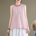 Buddha Stones Summer Casual Elegant Side Slit Striped Crew Neck Tank Top Women's Sleeveless Shirts