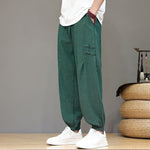 Buddha Stones Summer Casual Tang Style Solid Cropped Pants Men's Harem Pants With Pockets