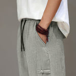 Buddha Stones Summer Casual Tang Style Solid Cropped Pants Men's Harem Pants With Pockets