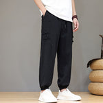 Buddha Stones Summer Casual Tang Style Solid Cropped Pants Men's Harem Pants With Pockets