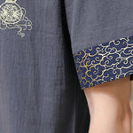 Buddha Stones Summer Tang Style Frog Button Embroidery Gourd Solid Men's Short Sleeve Shirts