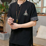 Buddha Stones Summer Tang Style Frog Button Embroidery Gourd Solid Men's Short Sleeve Shirts