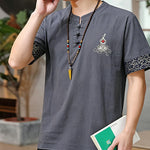 Buddha Stones Summer Tang Style Frog Button Embroidery Gourd Solid Men's Short Sleeve Shirts
