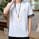 Buddha Stones Summer Tang Style Frog Button Embroidery Gourd Solid Men's Short Sleeve Shirts