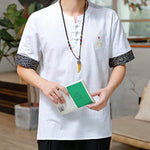 Buddha Stones Summer Tang Style Frog Button Embroidery Gourd Solid Men's Short Sleeve Shirts
