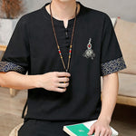 Buddha Stones Summer Tang Style Frog Button Embroidery Gourd Solid Men's Short Sleeve Shirts