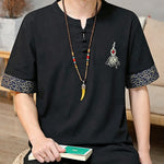 Buddha Stones Summer Tang Style Frog Button Embroidery Gourd Solid Men's Short Sleeve Shirts