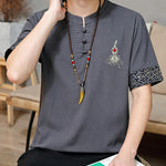 Buddha Stones Summer Tang Style Frog Button Embroidery Gourd Solid Men's Short Sleeve Shirts