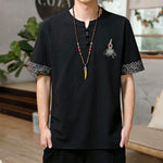Buddha Stones Summer Tang Style Frog Button Embroidery Gourd Solid Men's Short Sleeve Shirts