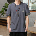 Buddha Stones Summer Tang Style Frog Button Embroidery Gourd Solid Men's Short Sleeve Shirts
