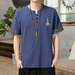 Buddha Stones Summer Tang Style Frog Button Embroidery Gourd Solid Men's Short Sleeve Shirts
