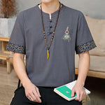 Buddha Stones Summer Tang Style Frog Button Embroidery Gourd Solid Men's Short Sleeve Shirts
