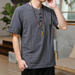 Buddha Stones Summer Tang Style Frog Button Embroidery Gourd Solid Men's Short Sleeve Shirts