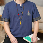 Buddha Stones Summer Tang Style Frog Button Embroidery Gourd Solid Men's Short Sleeve Shirts
