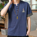 Buddha Stones Summer Tang Style Frog Button Embroidery Gourd Solid Men's Short Sleeve Shirts