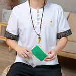Buddha Stones Summer Tang Style Frog Button Embroidery Gourd Solid Men's Short Sleeve Shirts