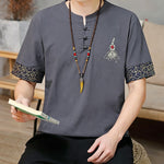Buddha Stones Summer Tang Style Frog Button Embroidery Gourd Solid Men's Short Sleeve Shirts