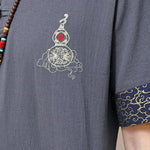 Buddha Stones Summer Tang Style Frog Button Embroidery Gourd Solid Men's Short Sleeve Shirts