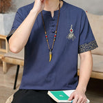 Buddha Stones Summer Tang Style Frog Button Embroidery Gourd Solid Men's Short Sleeve Shirts