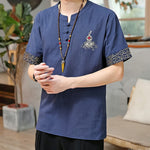 Buddha Stones Summer Tang Style Frog Button Embroidery Gourd Solid Men's Short Sleeve Shirts