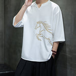 Buddha Stones Summer Casual Minimalist Embroidery Horse Cotton Men's Short Sleeve T-Shirts