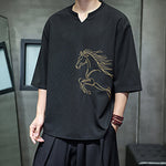 Buddha Stones Summer Casual Minimalist Embroidery Horse Cotton Men's Short Sleeve T-Shirts