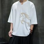 Buddha Stones Summer Casual Minimalist Embroidery Horse Cotton Men's Short Sleeve T-Shirts