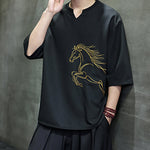 Buddha Stones Summer Casual Minimalist Embroidery Horse Cotton Men's Short Sleeve T-Shirts