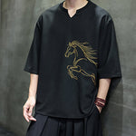 Buddha Stones Summer Casual Minimalist Embroidery Horse Cotton Men's Short Sleeve T-Shirts