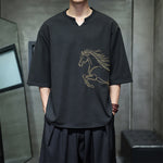 Buddha Stones Summer Casual Minimalist Embroidery Horse Cotton Men's Short Sleeve T-Shirts