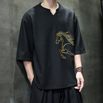 Buddha Stones Summer Casual Minimalist Embroidery Horse Cotton Men's Short Sleeve T-Shirts