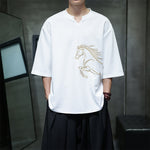 Buddha Stones Summer Casual Minimalist Embroidery Horse Cotton Men's Short Sleeve T-Shirts
