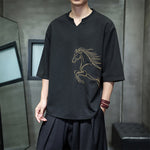 Buddha Stones Summer Casual Minimalist Embroidery Horse Cotton Men's Short Sleeve T-Shirts