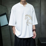 Buddha Stones Summer Casual Minimalist Embroidery Horse Cotton Men's Short Sleeve T-Shirts