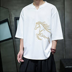 Buddha Stones Summer Casual Minimalist Embroidery Horse Cotton Men's Short Sleeve T-Shirts