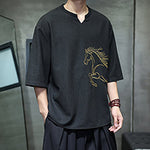 Buddha Stones Summer Casual Minimalist Embroidery Horse Cotton Men's Short Sleeve T-Shirts