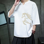 Buddha Stones Summer Casual Minimalist Embroidery Horse Cotton Men's Short Sleeve T-Shirts