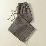 Buddha Stones Summer Casual Drawstring Plaid Linen Ankle Pants Women's Wide Leg Pants With Pocket